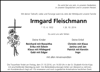 Traueranzeige von Irmgard Fleischmann von Neue Presse Coburg