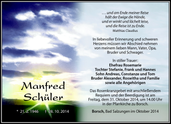Traueranzeige von Manfred Schüler von Südthüringer Presse