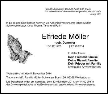Traueranzeige von Elfriede Möller von Neue Presse Coburg
