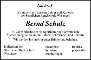 Traueranzeige von Bernd Schulz von Südthüringer Presse