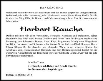 Traueranzeige von Herbert Rauche von Südthüringer Presse