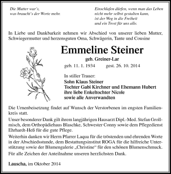 Traueranzeige von Emmeline Steiner von Südthüringer Presse