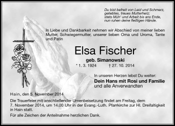 Traueranzeige von Elsa Fischer von Neue Presse Coburg