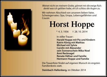 Traueranzeige von Horst Hoppe von Südthüringer Presse