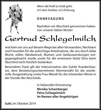 Traueranzeige von Gertrud Schlegelmilch von Südthüringer Presse