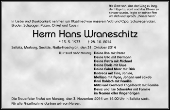 Traueranzeige von Hans Wraneschitz von Frankenpost