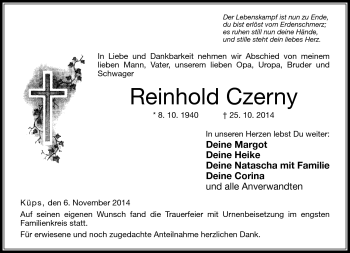 Traueranzeige von Reinhold Czerny von Neue Presse Coburg