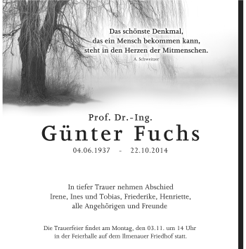 Traueranzeige von Günter Fuchs von Südthüringer Presse
