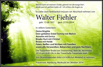 Traueranzeige von Walter Fiehler von Südthüringer Presse