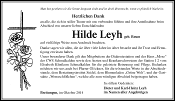 Traueranzeige von Hilde Leyh von Südthüringer Presse
