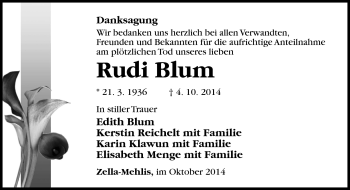 Traueranzeige von Rudi Blum von Südthüringer Presse