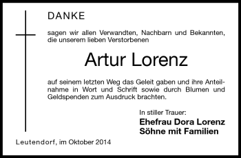Traueranzeige von Artur Lorenz von Neue Presse Coburg