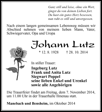 Traueranzeige von Johann Lutz von Südthüringer Presse