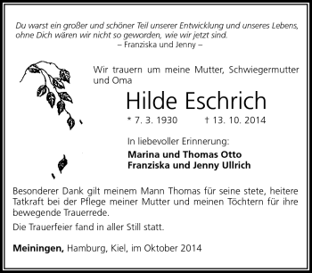 Traueranzeige von Hilde Eschrich von Südthüringer Presse