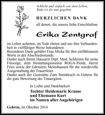 Traueranzeige von Erika Zentgraf von Südthüringer Presse