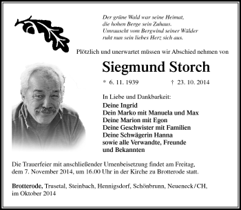 Traueranzeige von Siegmund Storch von Südthüringer Presse