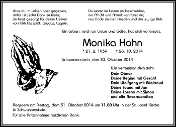 Traueranzeige von Monika Hahn von Frankenpost