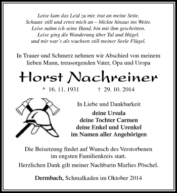 Traueranzeige von Horst Nachreiner von Südthüringer Presse