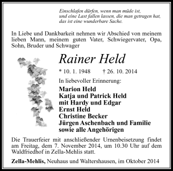 Traueranzeige von Rainer Held von Südthüringer Presse