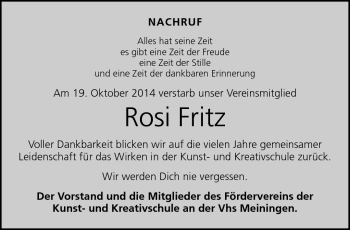 Traueranzeige von Rosemarie Fritz von Südthüringer Presse