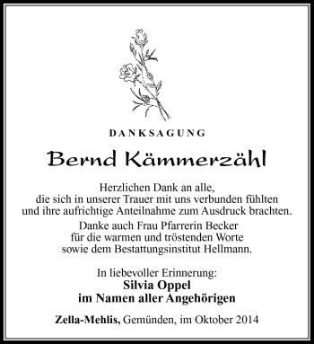 Traueranzeige von Bernd Kämmerzähl von Südthüringer Presse