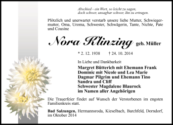 Traueranzeige von Nora Klinzing von Südthüringer Presse