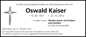 Traueranzeige von Oswald Kaiser von Neue Presse Coburg
