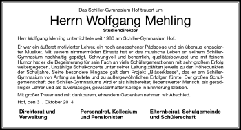 Traueranzeige von Wolfgang Mehling von Frankenpost