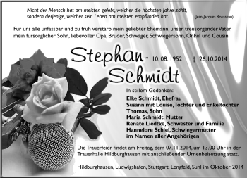Traueranzeige von Stephan Schmidt von Südthüringer Presse
