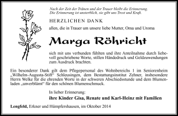 Traueranzeige von Marga Röhricht von Südthüringer Presse