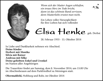 Traueranzeige von Elsa Henke von Südthüringer Presse
