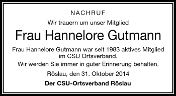 Traueranzeige von Hannelore Gutmann von Frankenpost