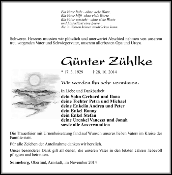 Traueranzeige von Günther Zühlke von Südthüringer Presse