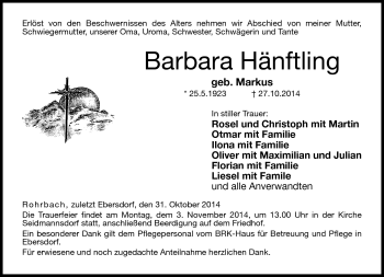 Traueranzeige von Barbara Hänftling von Neue Presse Coburg