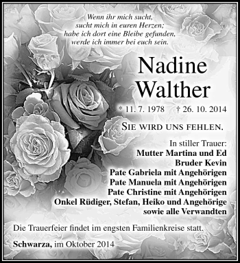 Traueranzeige von Nadine Walther von Südthüringer Presse