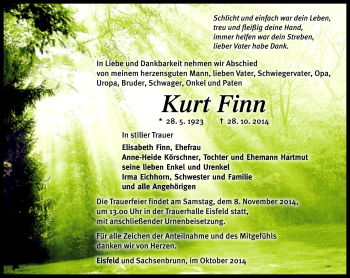 Traueranzeige von Kurt Finn von Südthüringer Presse