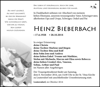 Traueranzeige von heinz Bieberbach von Südthüringer Presse
