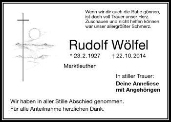 Traueranzeige von Rudolf Wölfel von Frankenpost