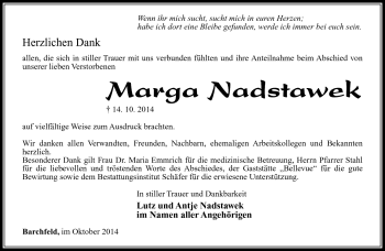 Traueranzeige von Marga Nadstawek von Südthüringer Presse