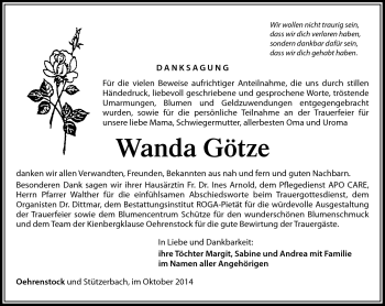 Traueranzeige von Wanda Götze von Südthüringer Presse