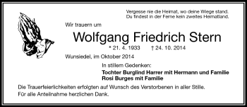 Traueranzeige von Wolfgang Friedrich Stern von Frankenpost