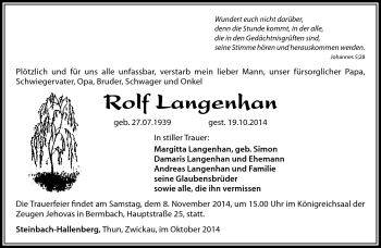 Traueranzeige von Rolf Langenhan von Südthüringer Presse
