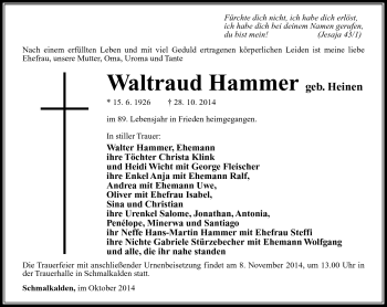 Traueranzeige von Waltraud Hammer von Südthüringer Presse