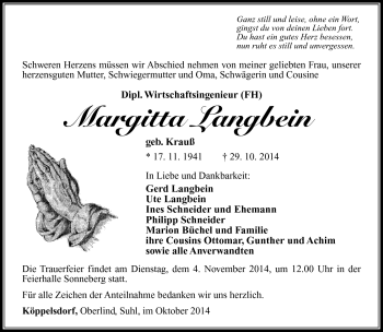 Traueranzeige von Margitta Langbein von Südthüringer Presse