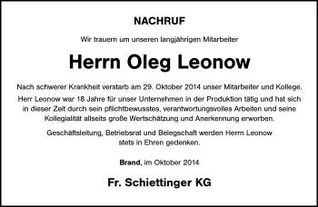 Traueranzeige von Oleg Leonow von Frankenpost