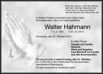 Traueranzeige von Walter Hahmann von Frankenpost