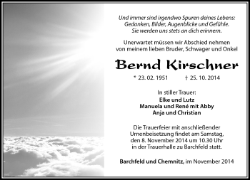 Traueranzeige von Bernd Kirchner von Südthüringer Presse