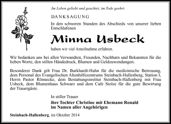 Traueranzeige von Minna Usbeck von Südthüringer Presse