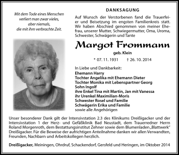 Traueranzeige von Margot Frommann von Südthüringer Presse