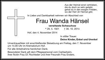 Traueranzeige von Wanda Hänsel von Frankenpost